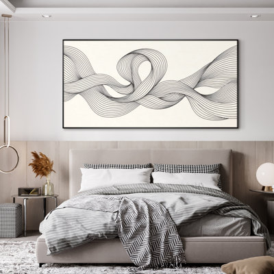 Très grand art mural imprimé sur tissu - Lignes de ruban abstraites grises, décor de bureau minimaliste - «Assemblage requis du cadre (cadre non fini)»
