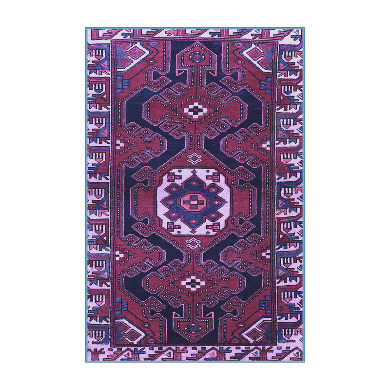 Tapis oriental bleu tissé à la machine 3 pi x 5 pi bleu / noir / mauve / blanc