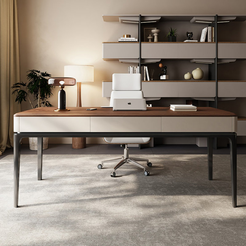 Bureau à 3 tiroirs brun noisette + beige + bois manufacturé rectangulaire noir + acier inoxydable