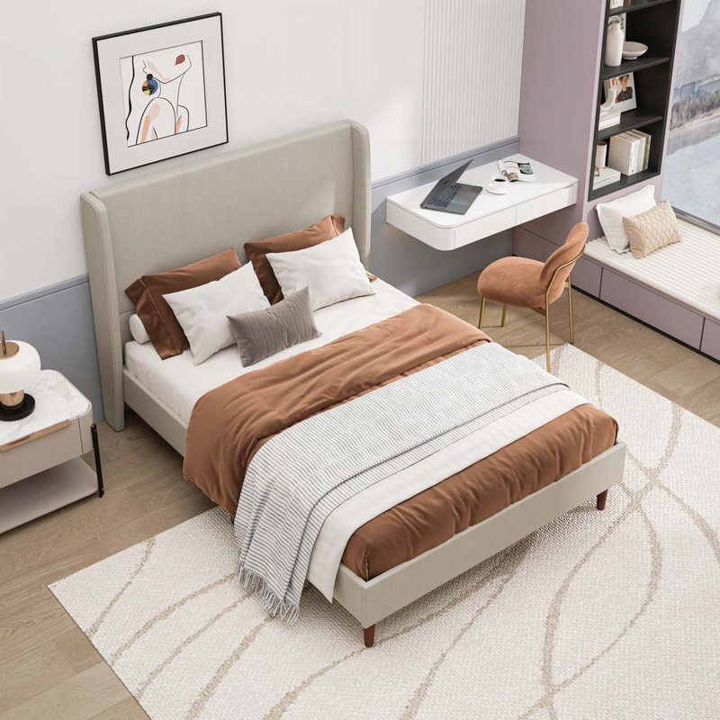 Lit tapissier à haute tête de lit - aucun sommier tapissier requis, Lin beige, Grand