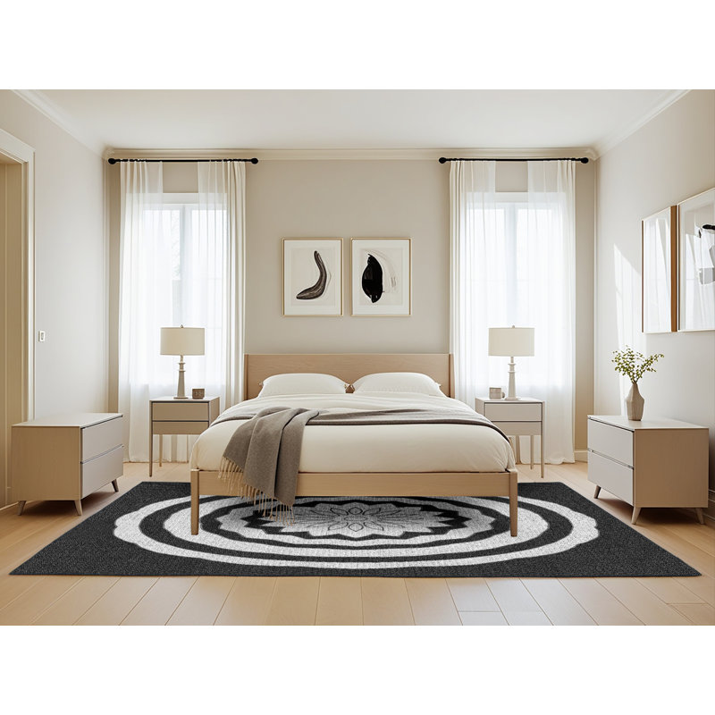 Tissé à la machine à la machine à motif floral en laine et polyester noir/gris Tapis décoratif, Rectangle 5 pi x 8 pi