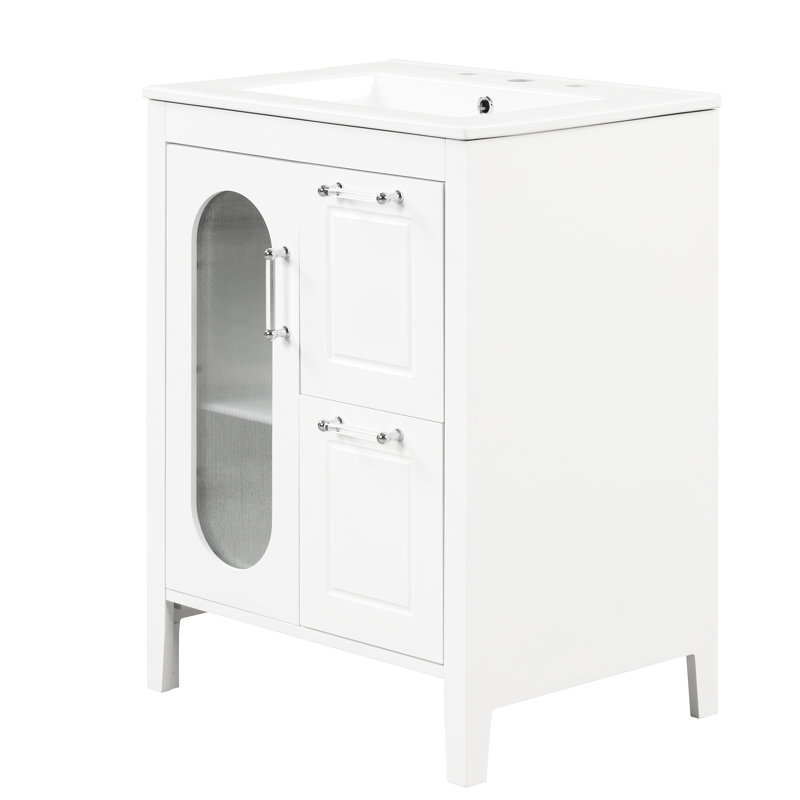 Meuble-lavabo de 24 po avec lavabo en céramique lisse, deux tiroirs, porte d'armoire, tablette réglable, bois d'hévéa massif, verre, blanc, autoportant, finition peinte à poser, forme rectangulaire, simple