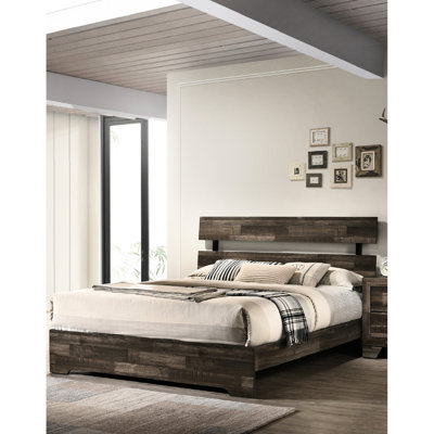 Lit plateforme contemporain très grand avec tête de lit à profil bas rustique, placages de bois brun, dans une boîte, cadre à lattes, bois massif, boîte