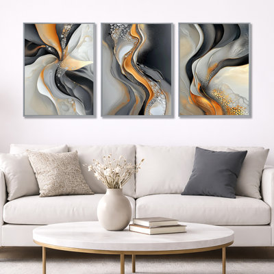 Fractal Golden and Grey Ink Shift – Abstract 3 Panel Canvas Print