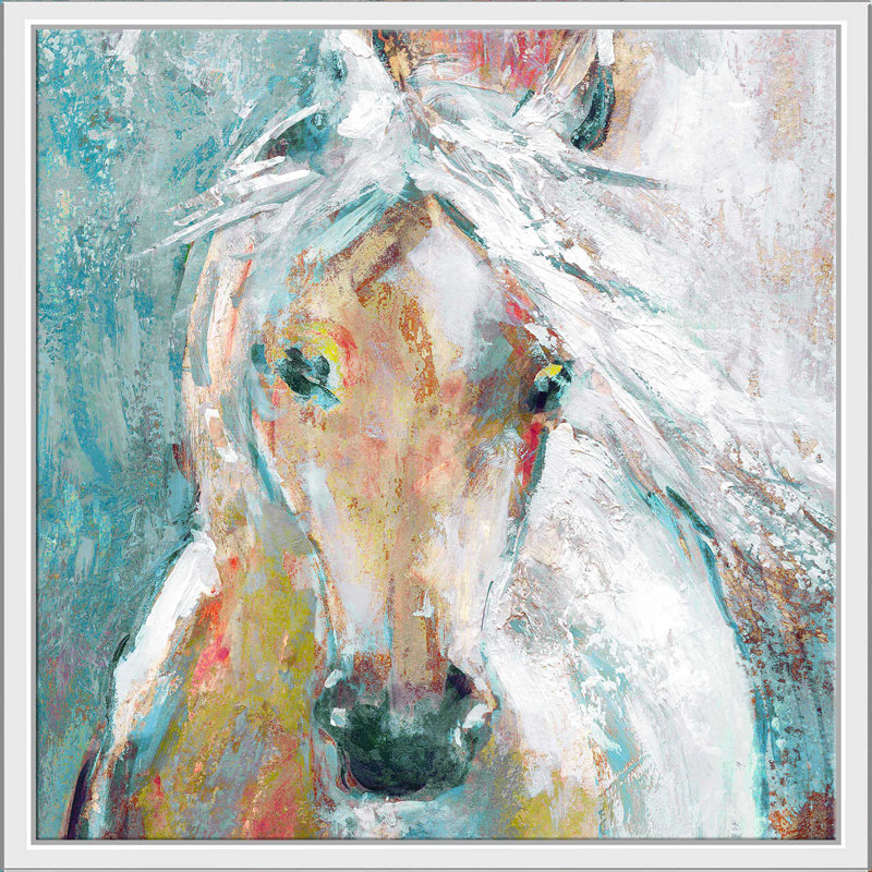«Playful Pony» par Carol Robinson - Peinture, Cadre flottant blanc, H 39,5 po x l 39,5 po x P 2 po