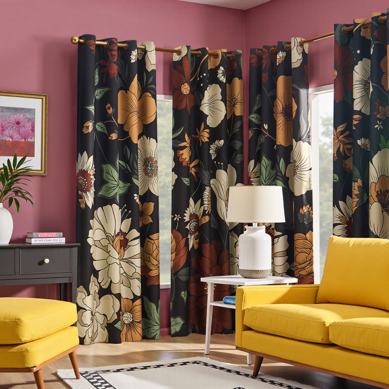 Blackout Boho Floral Printed Grommet Top Curtains Pair, 52" W X 84" L, Black