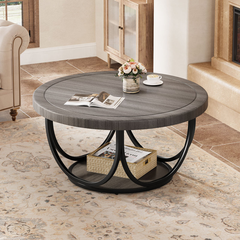 35.4" Round Coffee Table, 2 -Tier Accent Cocktail Table, Gray/Black