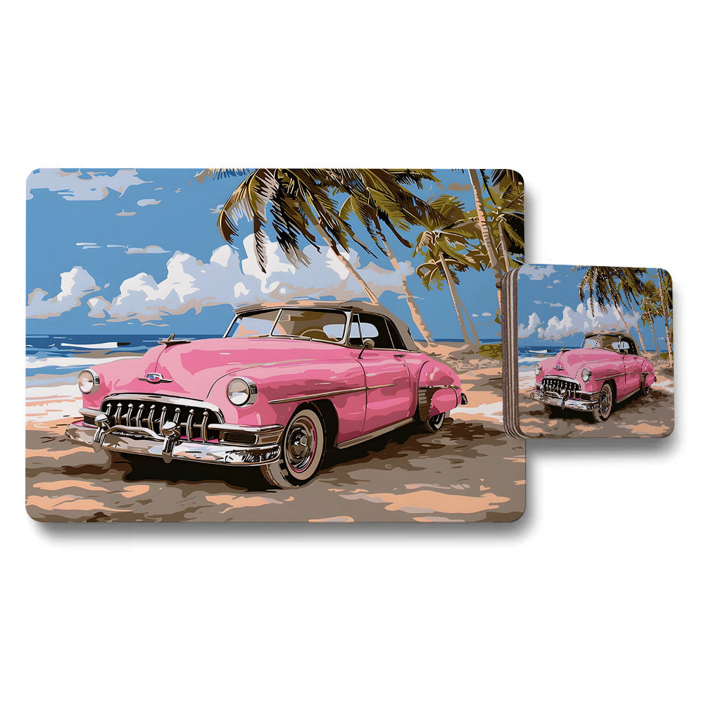 Vintage Pink Classic Car Beach Scene Placemats And Coaster Set