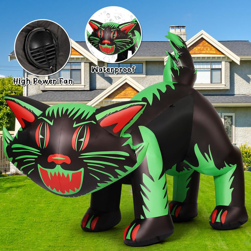 Halloween Inflatable 7ft Green Cat with Shakable Head Scary Halloween Blow up Cat with Built-in LEDs