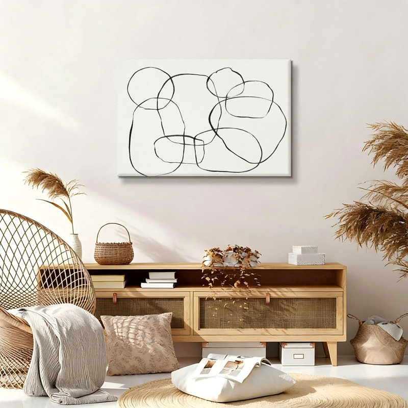 «Black Minimalist Dancing Circles», art mural encadré en bois à l'arrière, 30 L x 20 l