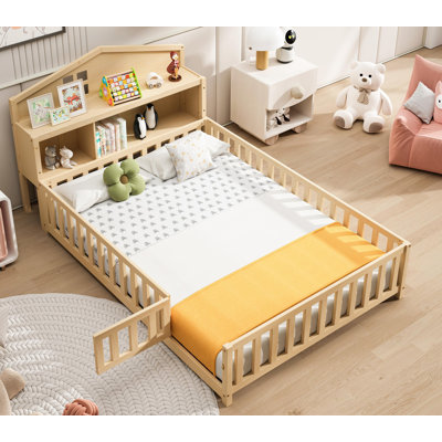 Lits de plancher en bois massif avec têtes de lit avec rangement, lit double Montessori avec bibliothèques et tableaux noirs