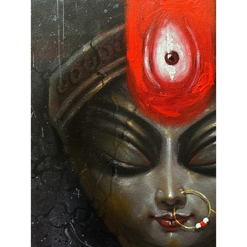 «Devi Durga», peinture acrylique sur toile - Art spirituel vibrant de 16 po x 20 po par Jugal Sarkar
