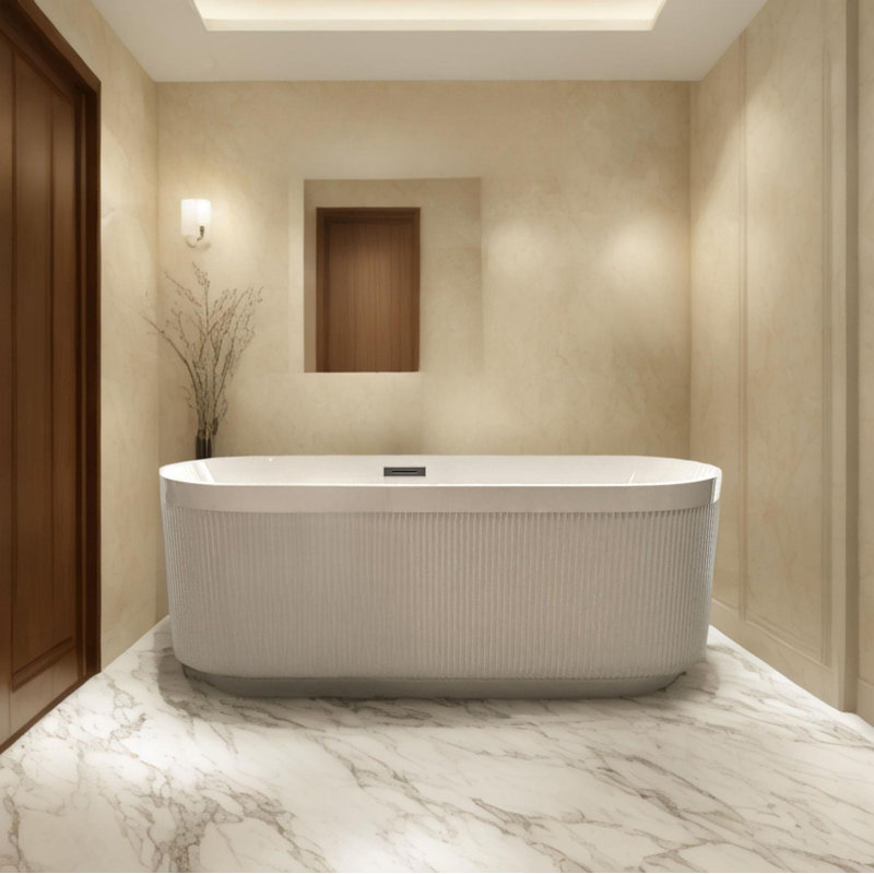 59"Linear AcrylicFreestanding Bathtub Stand Alone Soaker Tub, Glossy White Acrylic, POP-UP Chrome Drain, cUPC Certified 