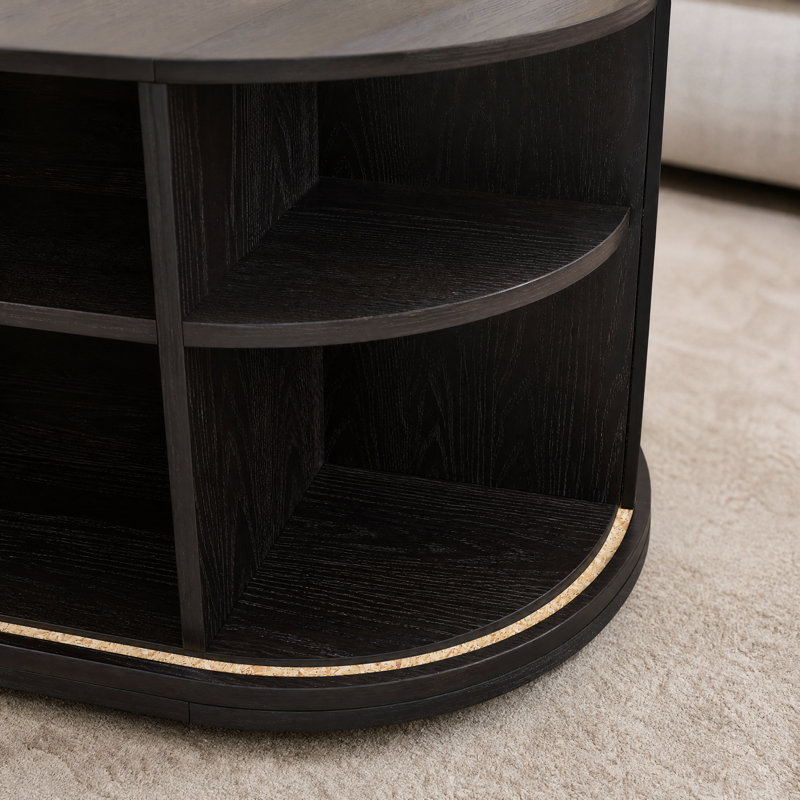 Table basse extensible ovale avec porte cannelée coulissante et tablettes ouvertes, Noir