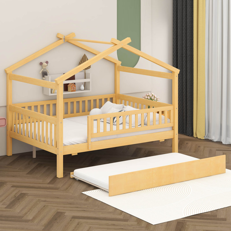Full Size Wooden House Bed With Twin Size Trundle, Wood Bed Frame With Roof And Safety Guardrail For Kids, Teens, Boys Or Girls