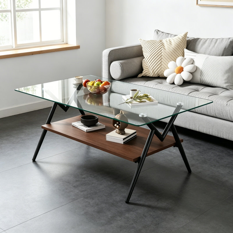 Table basse rectangulaire avec plateau en verre trempé et tablette en bois aggloméré noir, Gris, Noir