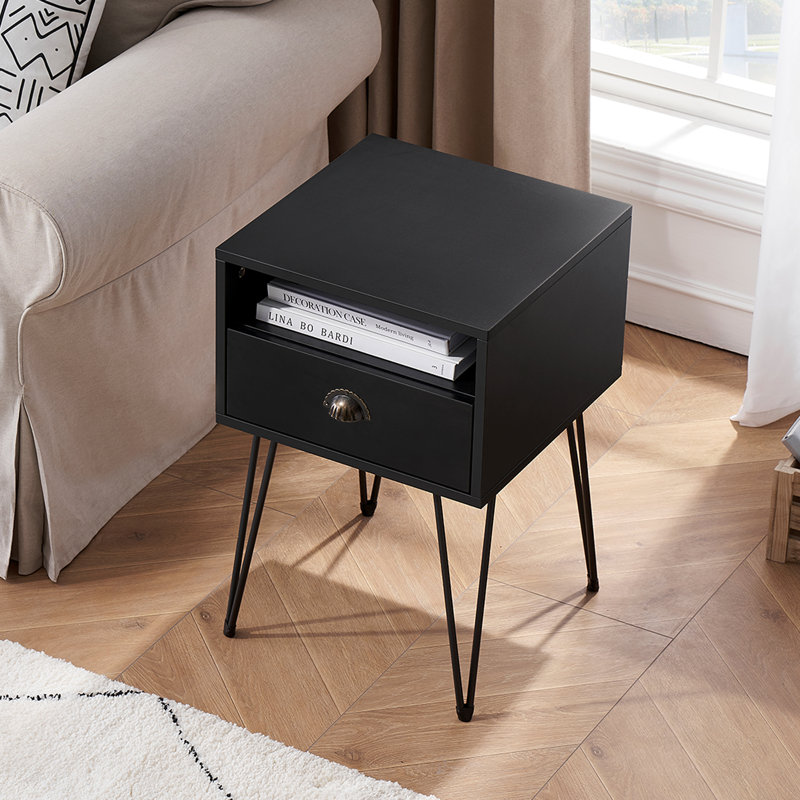Kempst 23.7"Tall 1 - Drawer Iron Nightstand, Black
