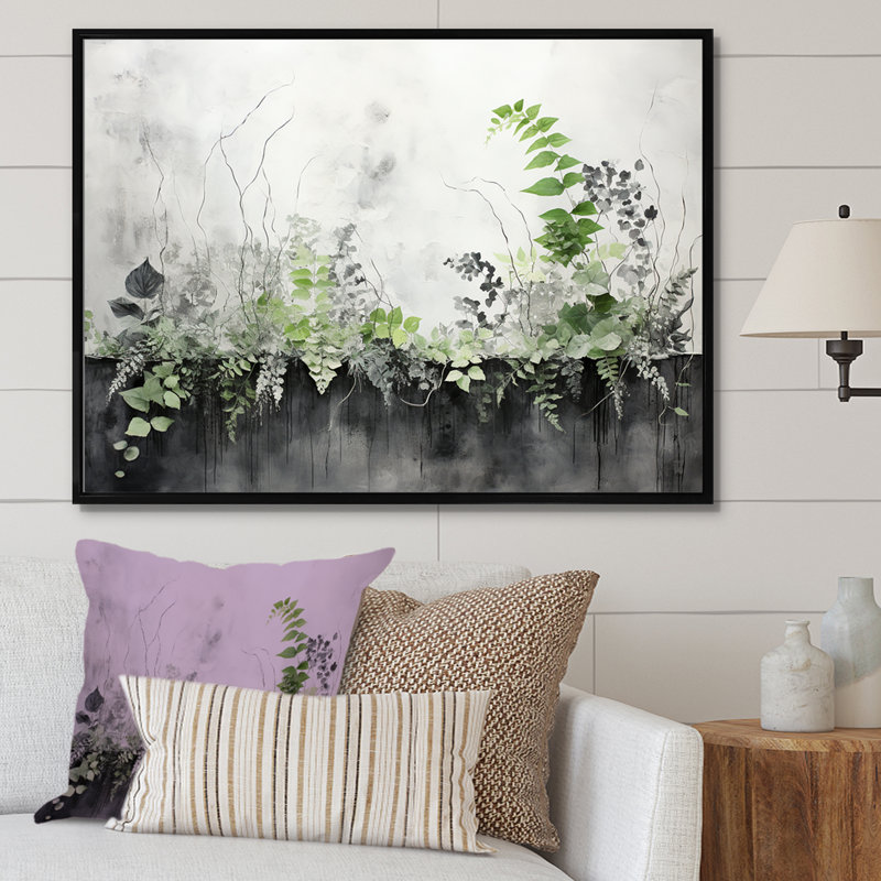 «Green Minimalisme Botanical Serenity - Plants», art mural, Cadre flottant noir, H 30 po x l 40 po x P 1,5 po