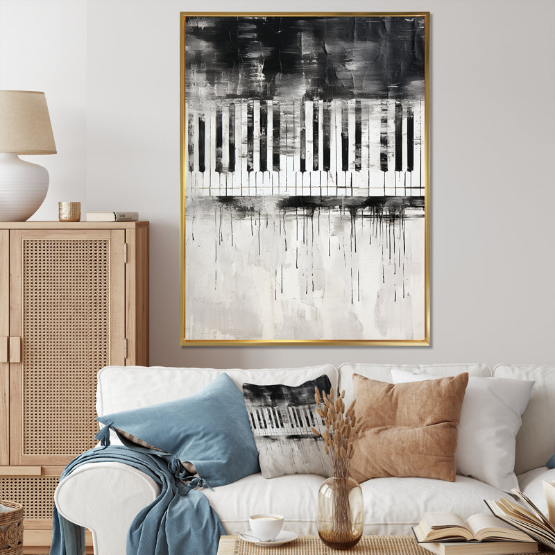 «Piano Keys Tranquility Midnight Black» sur toile, Cadre flottant doré, H 32 po x l 24 po
