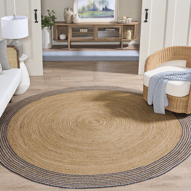 Tapis bleu / ivoire en jute / coton tissé à la main Doleman, Rond 8 pi