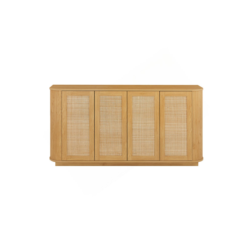 64-Inch Wave Shaped TV Stand, Rounded Corner Sideboard, Storage Cabinet, Buffet, Wood Vertical Striped Cabinet With Rattan Doors For Kitchen/Bedroom/Entryway. Natural, 64''W X 15''D X 31.5''H