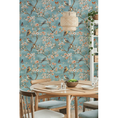 Papier peint floral rétro bleu à motif floral peler et coller