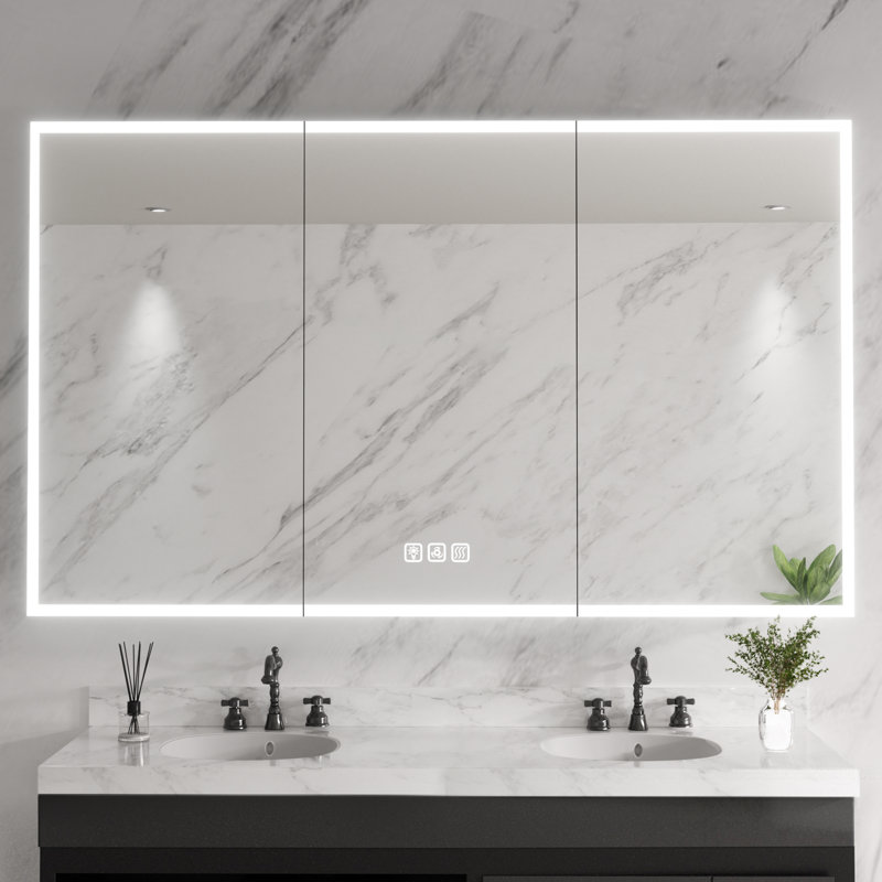 60 In. W X 36 In. H Rectangular Aluminum Medicine Cabinet With Mirror And Flowing Light, Dimmable, Anti-Fog, Dual Swing