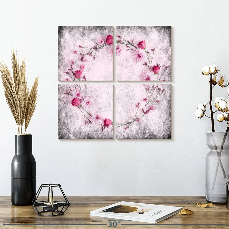 "Flower Pink Flower Wreath", ensemble de 4 reproductions sur toiles par Pink Sherbet, H 18 po x l 18 po x P 1 po
