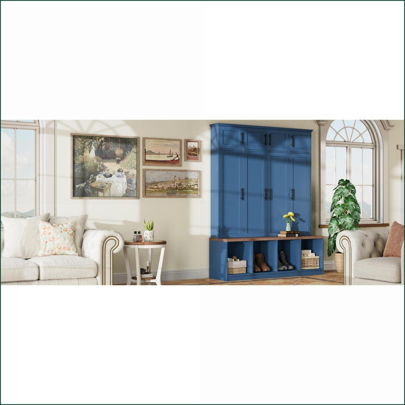 Arbre d'entrée On-Trend Farmhouse avec 8 armoires, 4 crochets et amp; Banc de siège, bleu | Panneau de fibres à densité moyenne