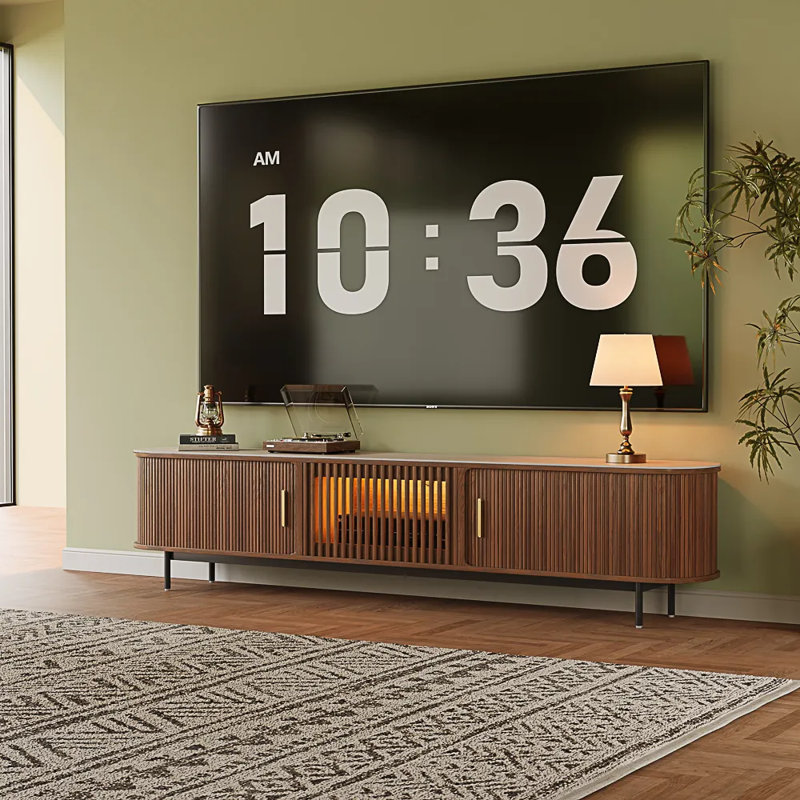 Mid-Century Modern Tambour Door TV Stand With LED Lights, Fully Assembled, 21.25"H x 94"L x 15.75"W, Brown