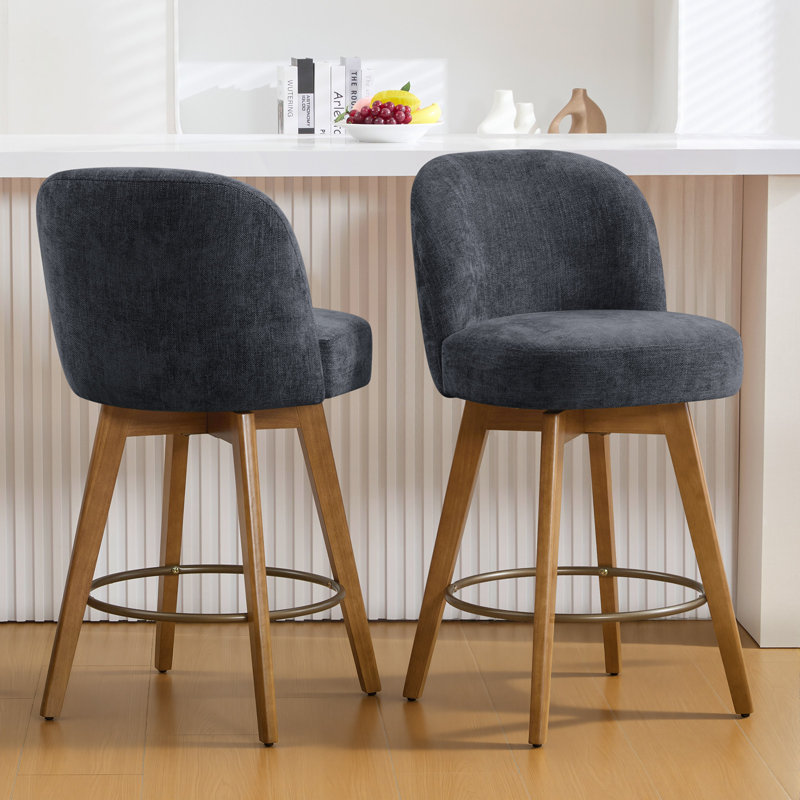 26" Swivel Upholstered Counter Stool With Solid Wood Frame And Mid Back, Bluish Gray/Chenille