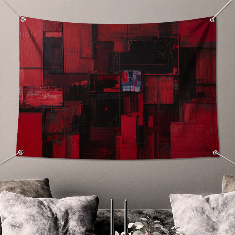 Tapisserie murale rouge et noire, H 68 po x l 80 po avec 4 œillets