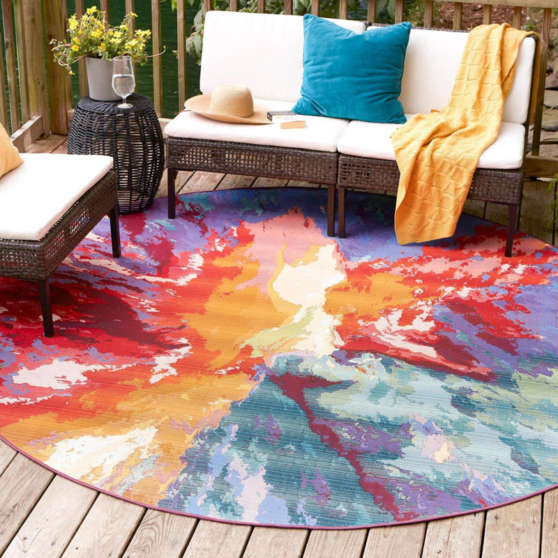 Azaleea Power Loomed Polypropylene Indoor/Outdoor Area Rug in Blue/Red/Orange, Rond 5 pi 1 po