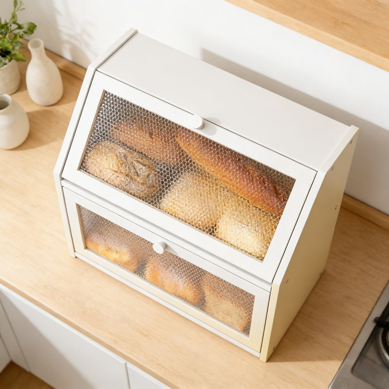 Double Layer Bread Storage Box With Diamond Pattern Windows, Extra Large Capacity Kitchen Countertop Container For Bread, Fruits, And Kitchenware