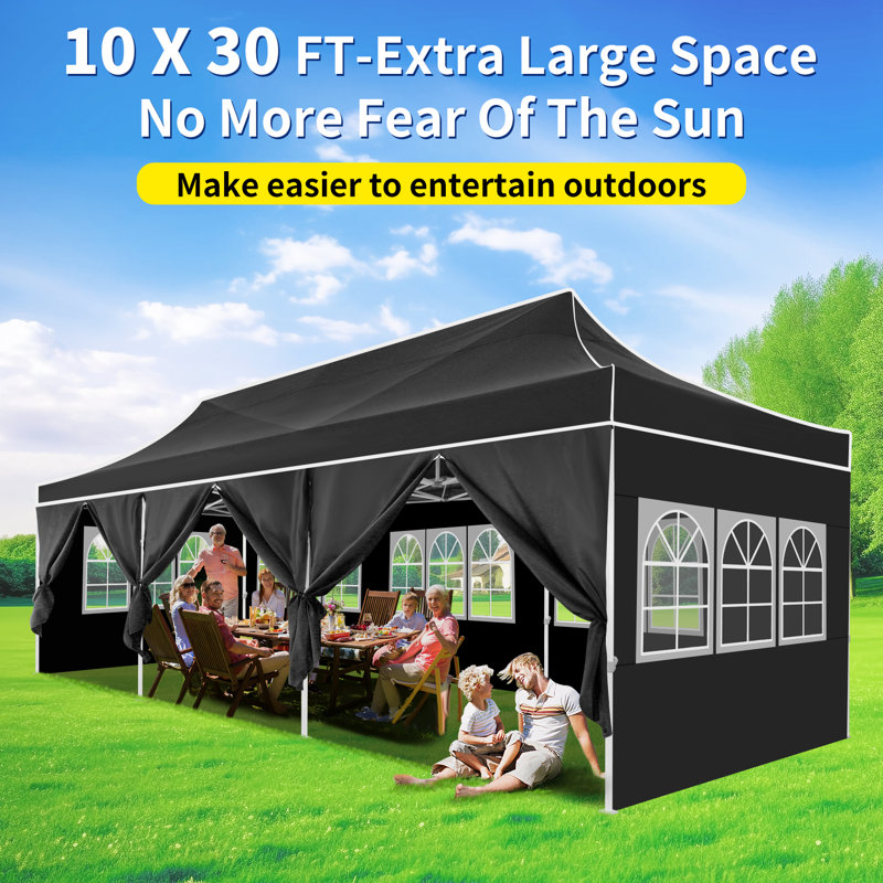 Canopy 10x30 Pop Up Canopy Tent Heavy Duty with 8 Sidewalls,UPF50+ and Waterproof 1500mm,3 Height Adjustable, Black