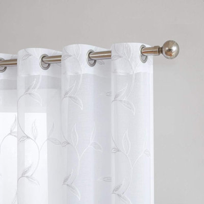 Pair Of Extra Large Sheer Room Divider Curtains With Leaf Embroidery