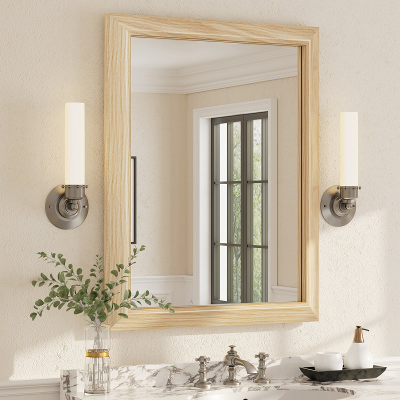 Miroir mural en verre trempé et alliage d'aluminium Amara, 36 po x 28 po, Bois jaune clair