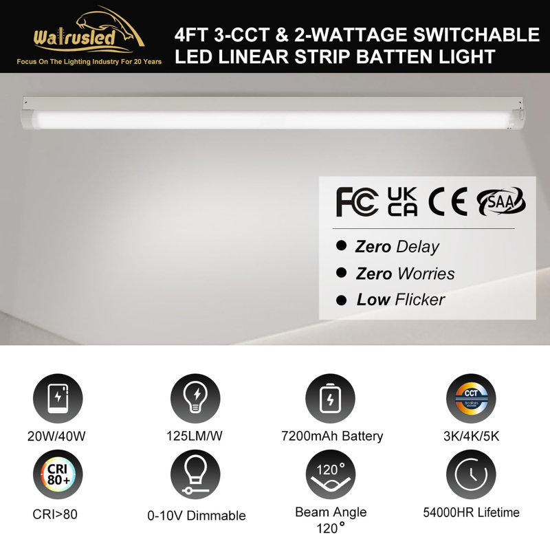 4FT LED Linear Strip 20W Emergency Output Stairwell Light, 3 CCT Selectable, 20W/40W, 2500lm/5000lm, Battery Backup, 30K/40K/50K, 0-10V Dimmable 4 Foot Commercial LED Shop Ceiling Light Fixture, FCC