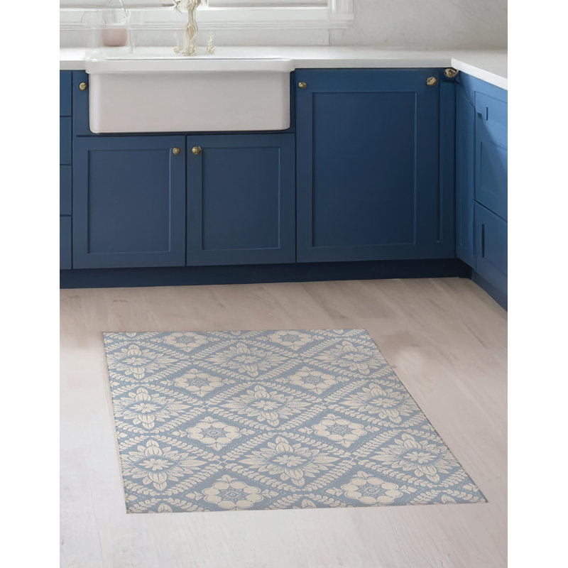 Talia Geometric Floral Kitchen Mat, Rectangle 3' x 5', Denim Blue