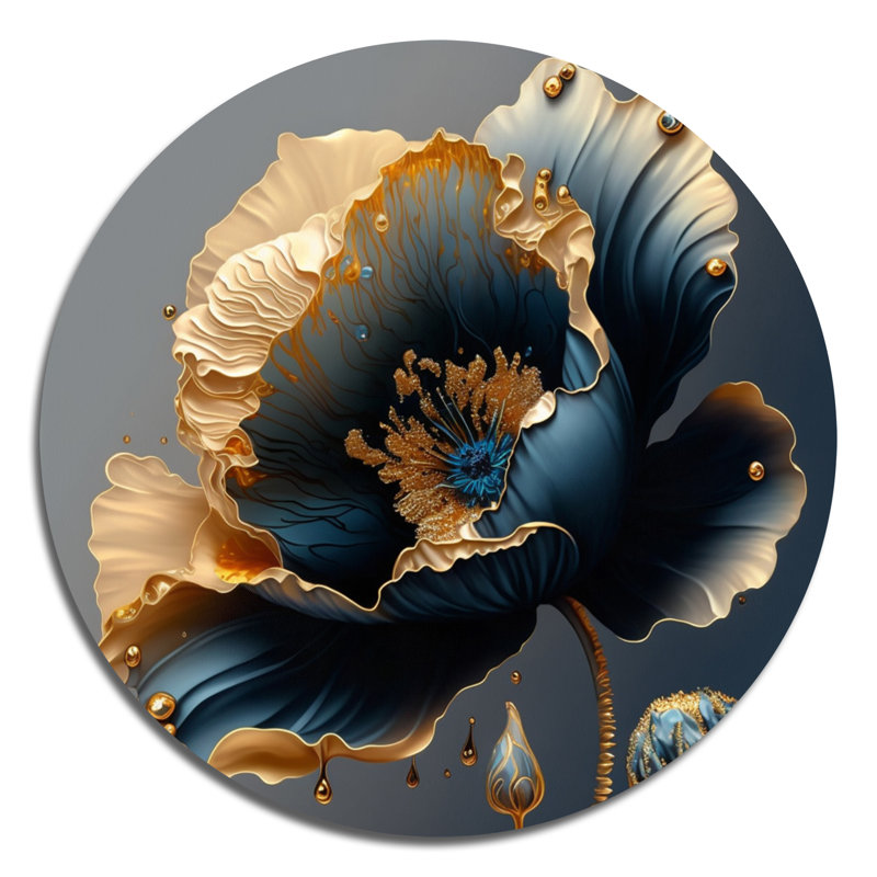 Bleu profond et fleur simple dorée IV - Art mural rond floral sur métal, L 16 po x H 16 po