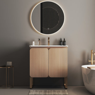 Armoire de salle de bain en bois avec lavabo en céramique - aspect moderne, grand espace de rangement, charnières silencieuses 30 po, finition évier, espace généreux, fermeture silencieuse