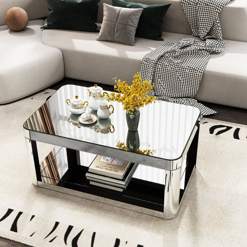 Table basse rectangulaire en verre miroir au design moderne, finition argentée, verre de haute qualité, rangement ouvert, facile à nettoyer, sur pied, plateau en verre, biseautée
