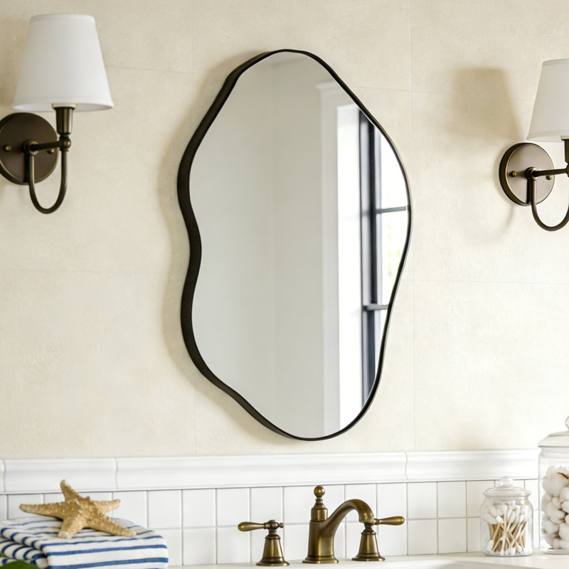 Cloud Shaped Wall Mirror, 32"x20" Black Metal Frame Decorative Mirror For Bathroom, Living Room, Bedroom, Entryway – Modern Asymmetrical Vanity Mirror With Tempered Glass