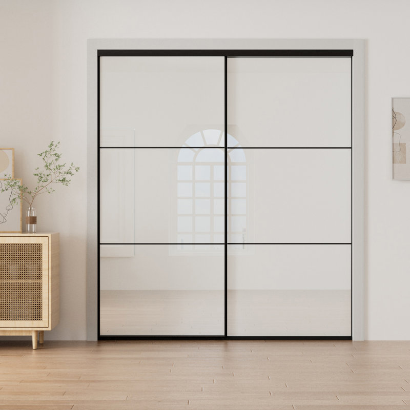 Porte coulissante à panneau en verre blanc avec cadre noir l 68 "à 72" x H 84 ", Noir, 72 po x 84 po