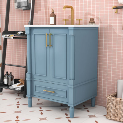 Meuble-lavabo avec pieds français sculptés, lavabo en céramique, tablette réglable et tiroir