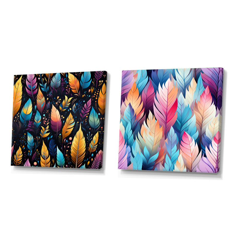 Tribal Dreamscape Feather Boho Motif III - Botanicals abstraits ensemble de collage carré, H 30 po x l 61 po, Toile tendue