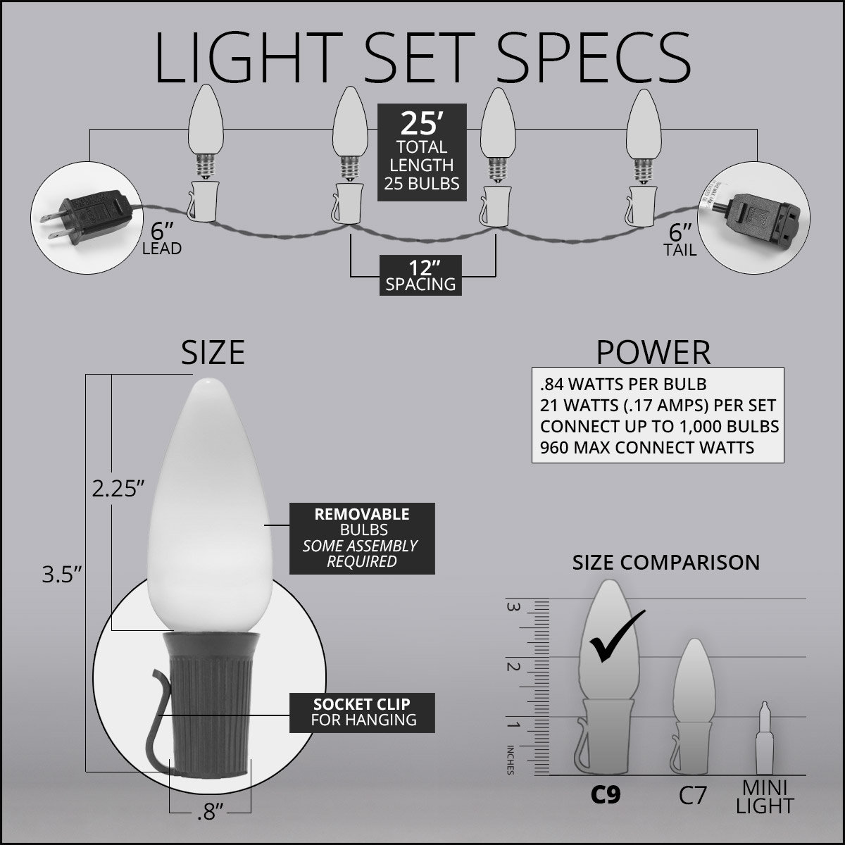 Shatterproof C9 OptiCore LED String Lights, 25, Purple