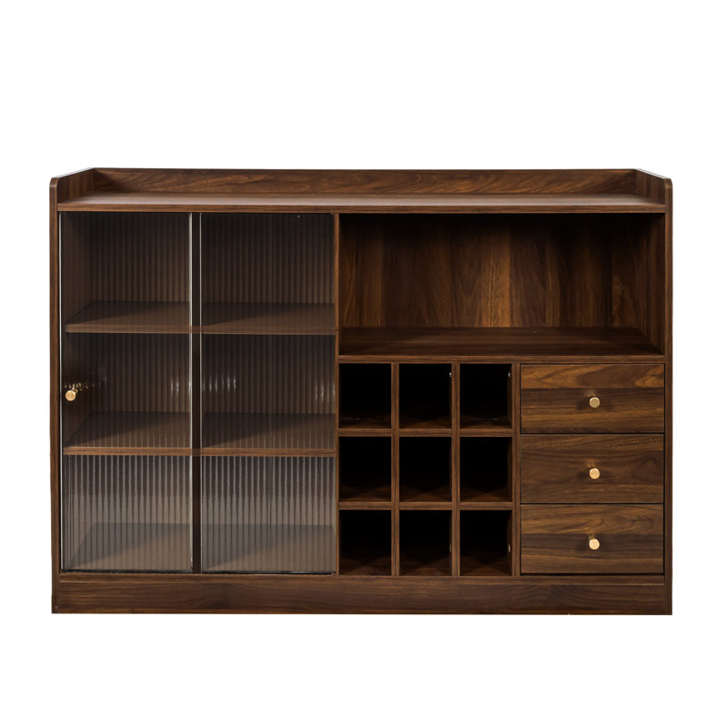 Buffet élégant et spacieux avec portes coulissantes en verre, idéal pour les espaces de rangement, bon rangement, couleur noyer, panneau de particules + espace