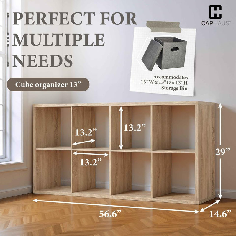 Tablette de rangement à 8 cubes avec bord extérieur très épais, cloison de rangement ouverte de 13 pouces, chêne naturel