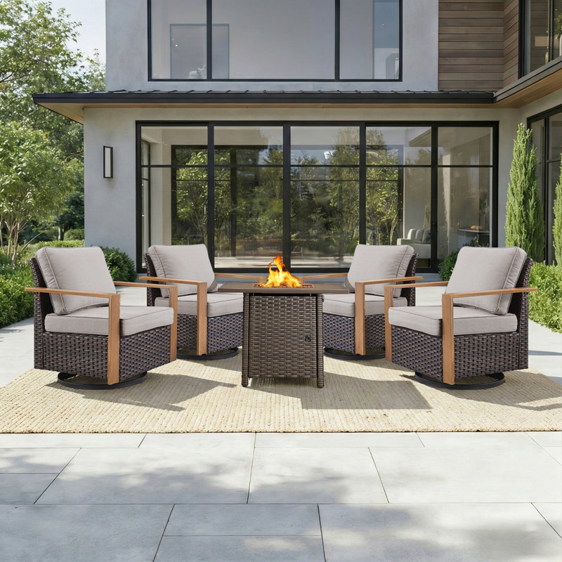 Ensemble de conversation 5 pièces pour chaise de patio moderne avec foyer, Beige, Brun